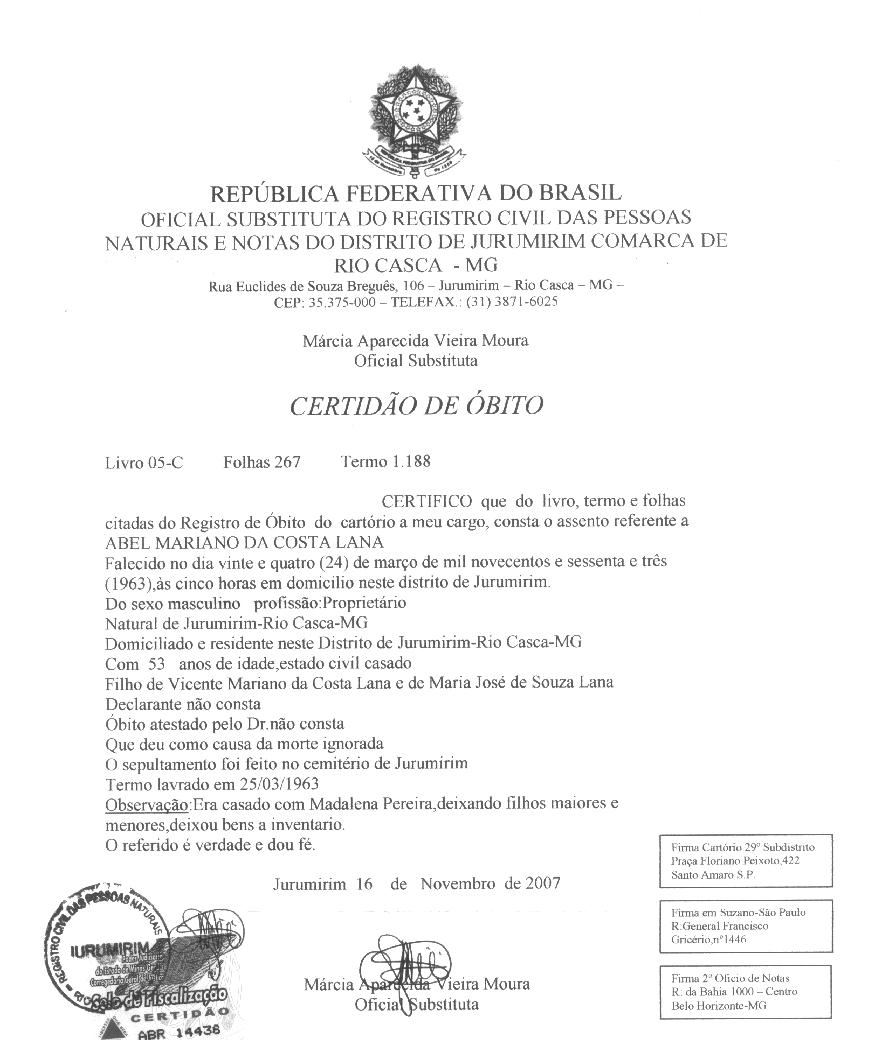 Certidão de Abel Mariano Lana