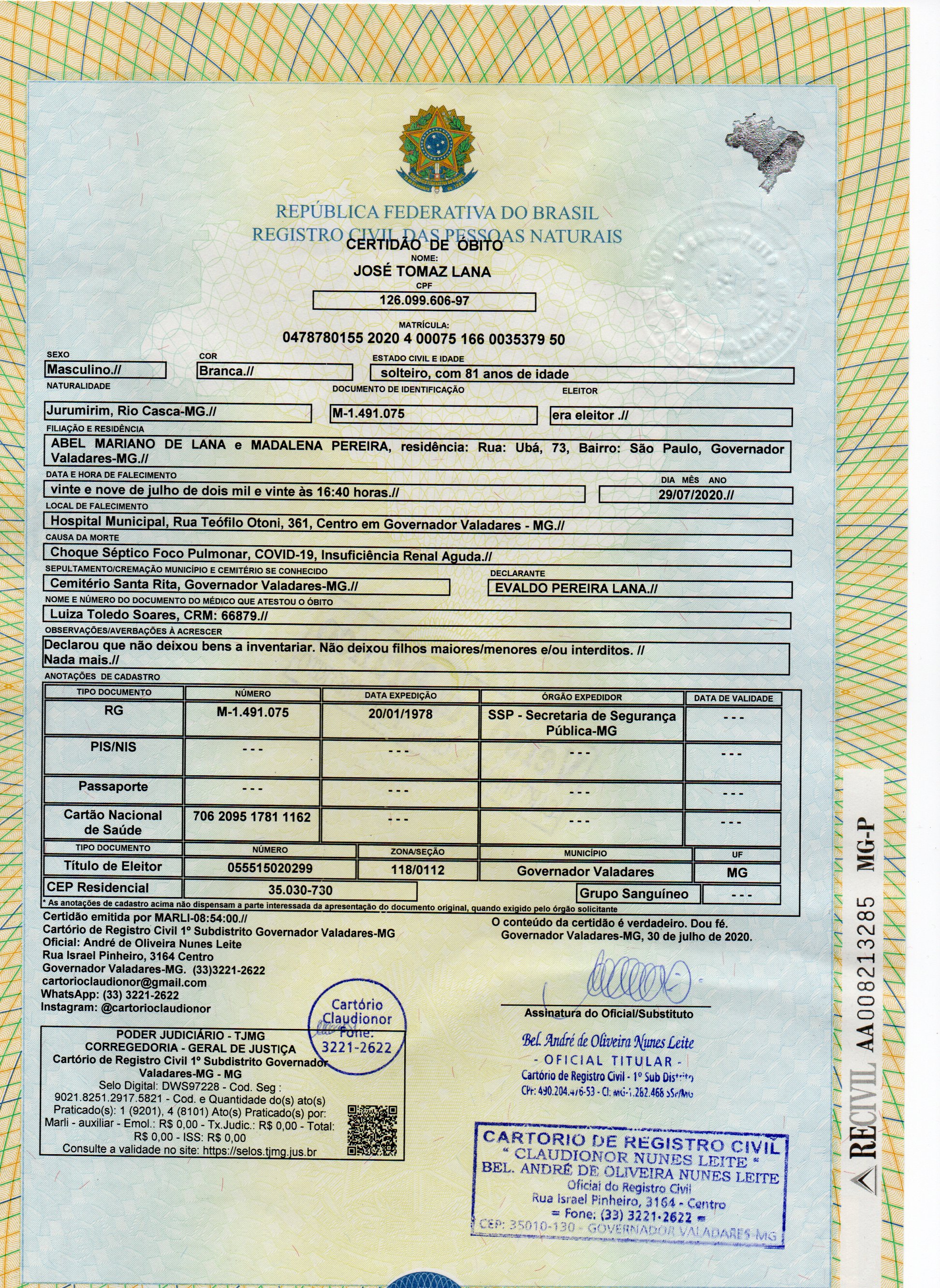 Certidão de Jose Tomaz Lana