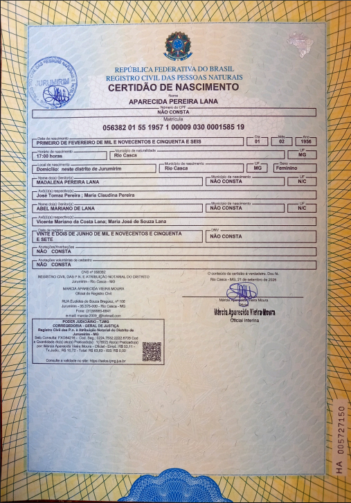 Certidão de Aparecida Pereira Lana